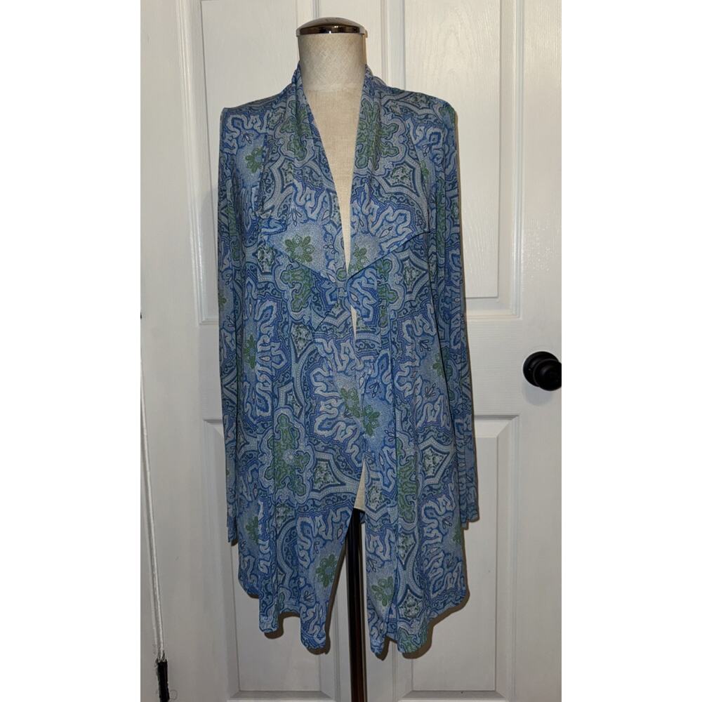 J. McLaughlin Blue Paisley Floral Mesh Drape‎ Front Open Cardi Top Size L Large